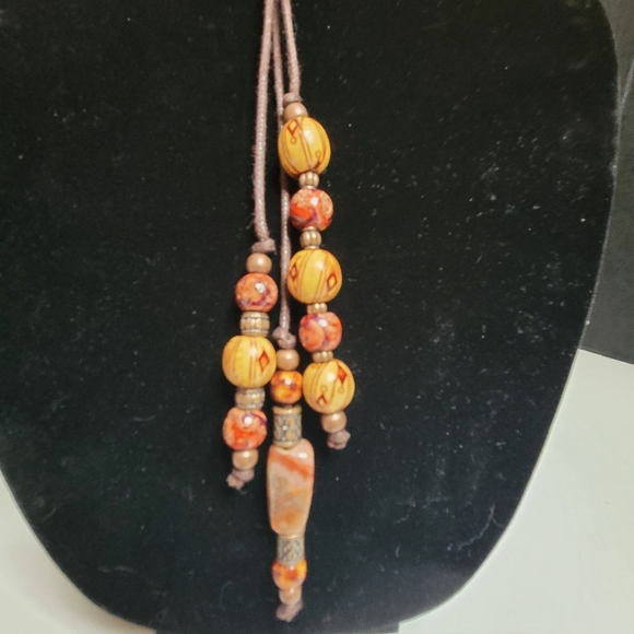 Carnelian & Painted Wood 3 Strand Y Necklace Clasp-Free Handmade Sacral Chakra - Picture 2 of 16